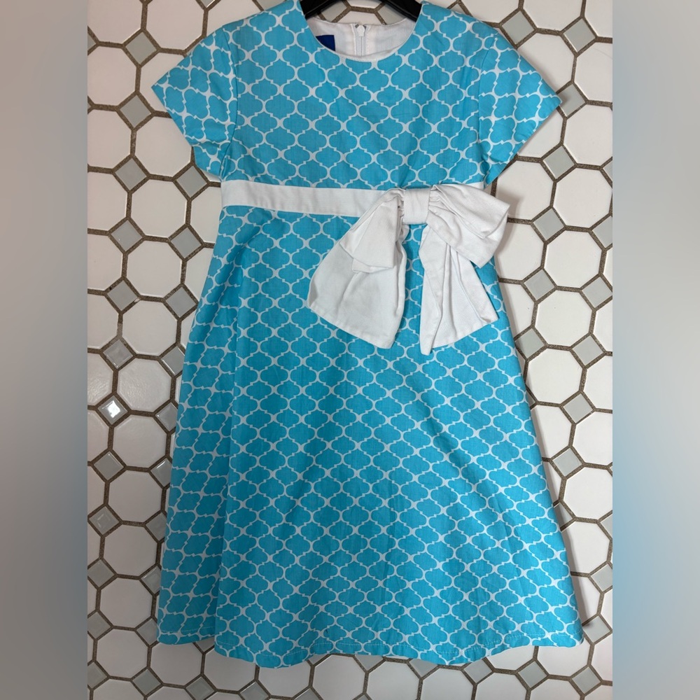 Turquoise Patterned Girls' Dress with White Bow